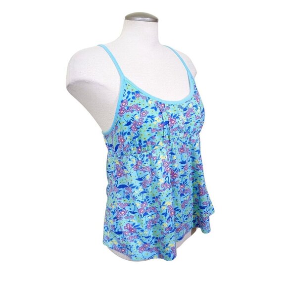 Womens Y2K Babydoll Cami Top Size L Blue Flowers Flamingos Dainty Cottage Fairy - Picture 2 of 7